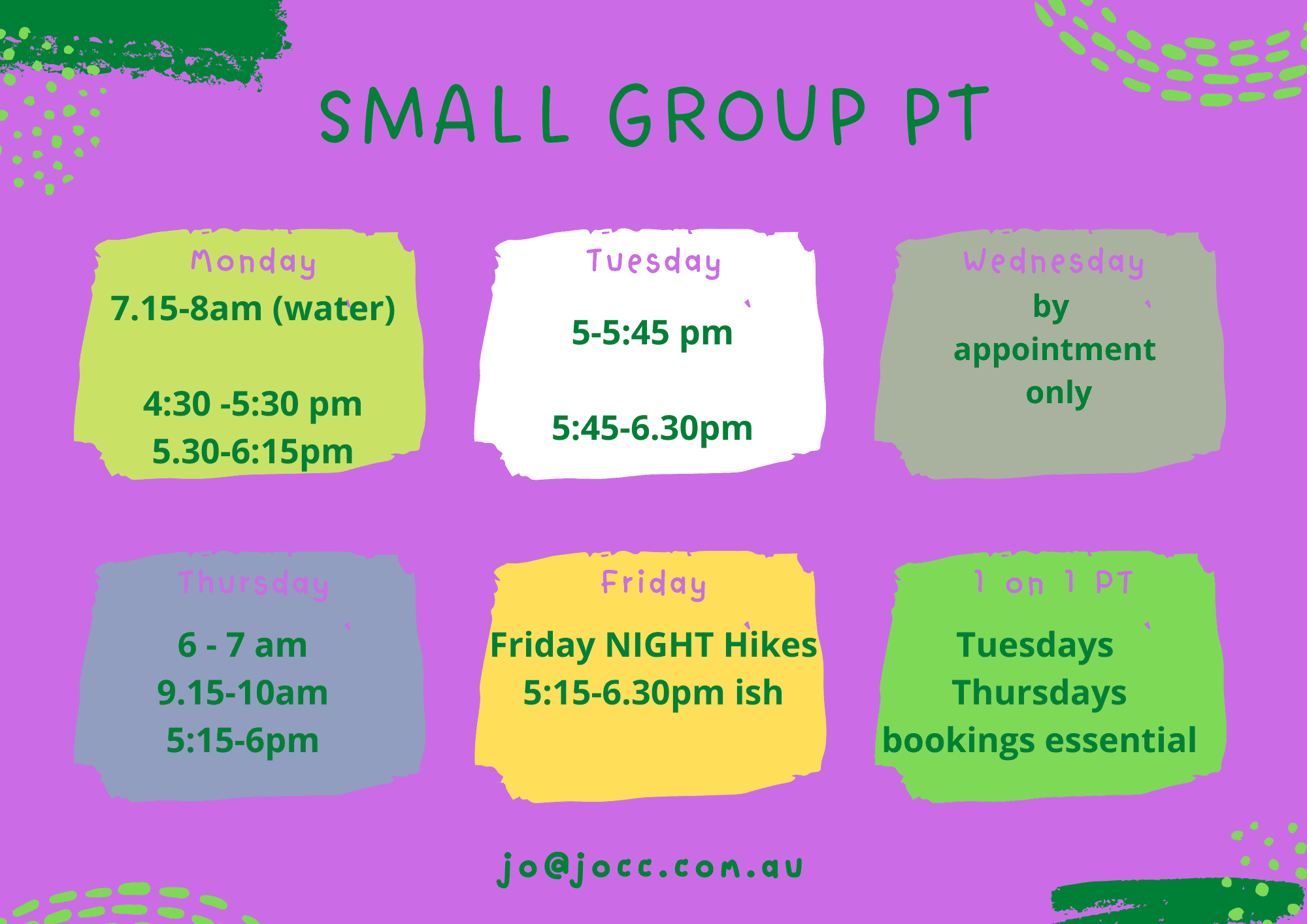 this images shows the timetable of small group personal training sessions