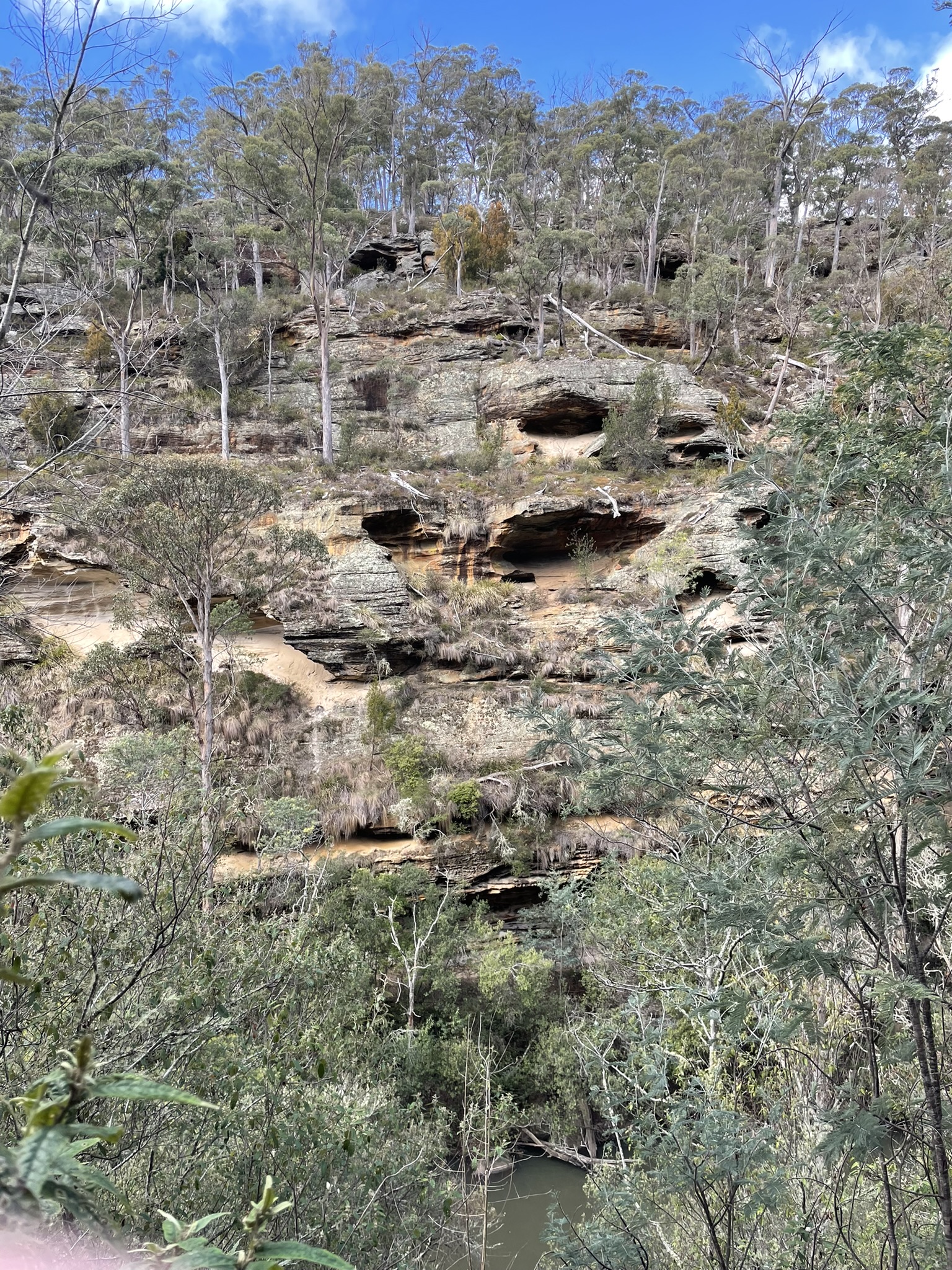 the opposite side of the Bluff River Gorge hike shows a lot of caves pocketing the steep hill