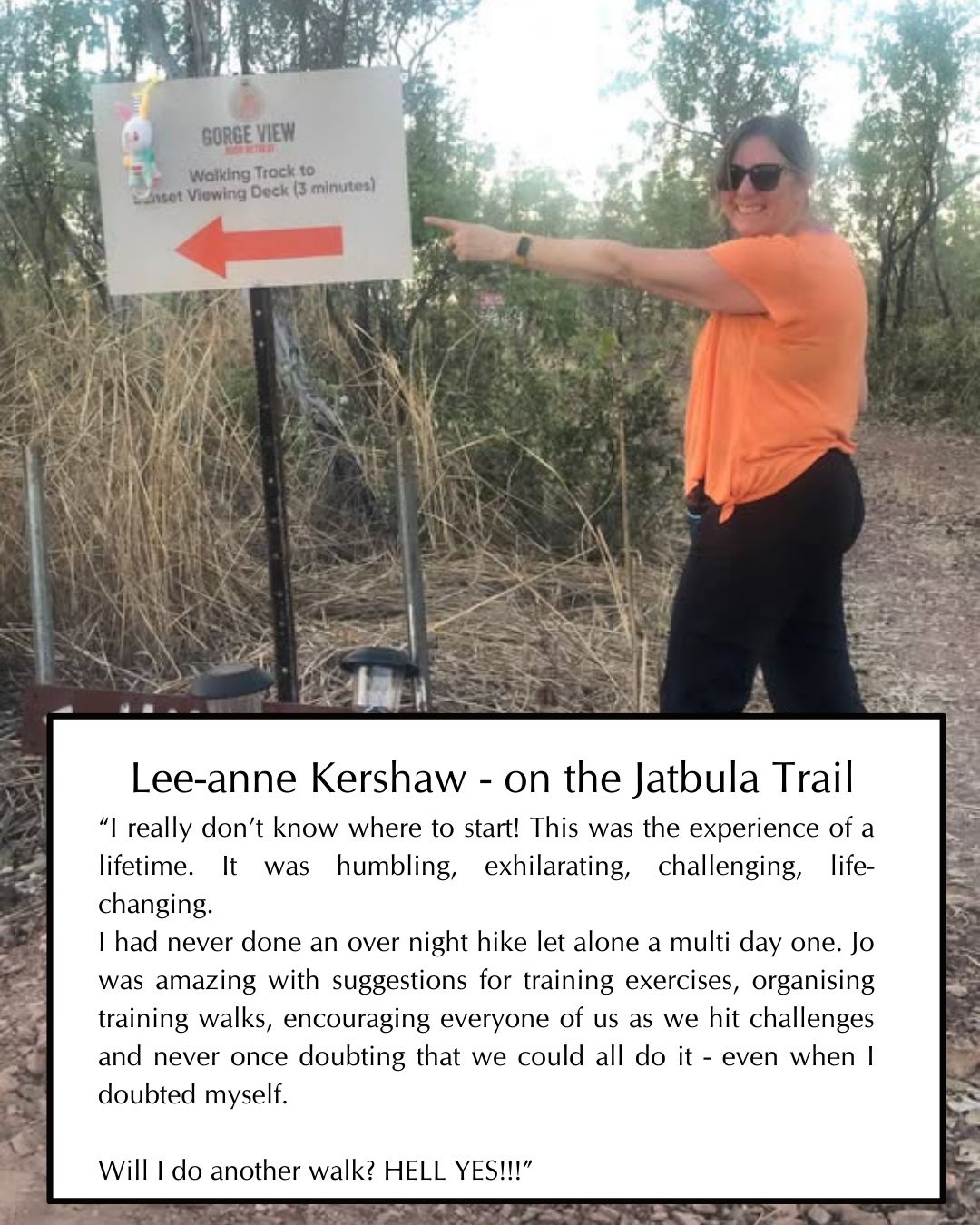 Lee-anne Kershaw pointing at a sign