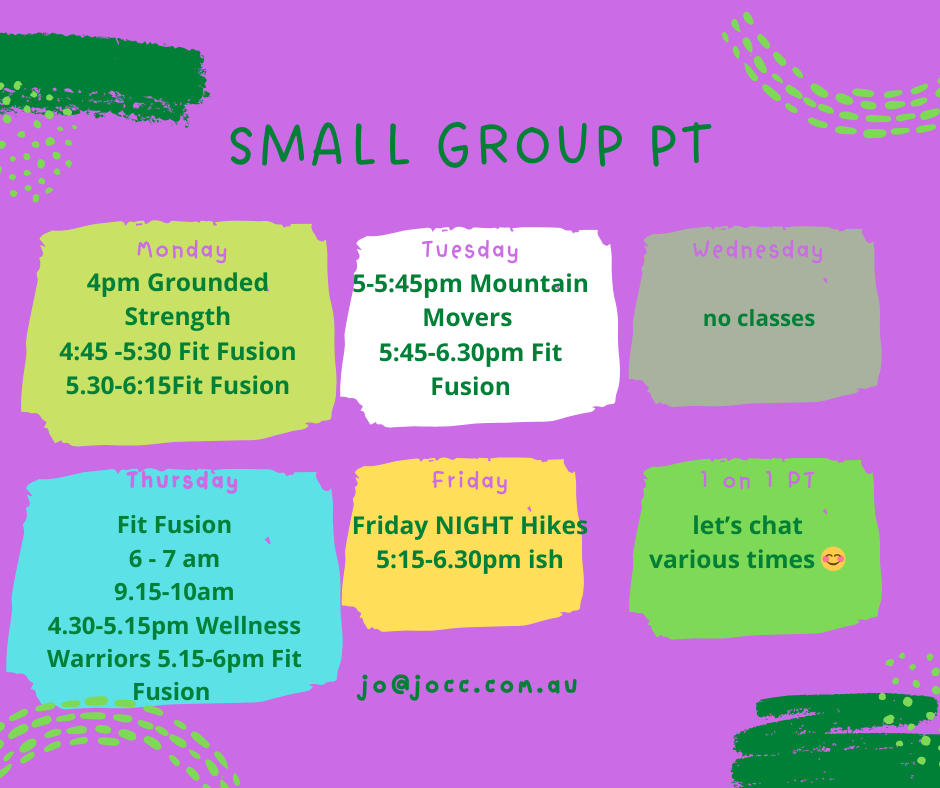 small group personal training timetable for Jo CC Holistic PT, women's personal trainer Hobart